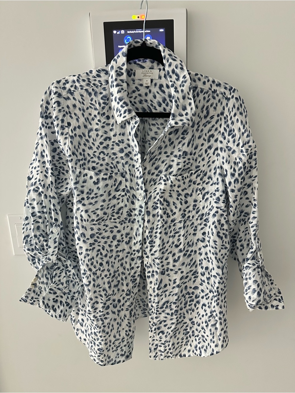 Linen Blend Blue Spot Button-Down Shirt - Women's